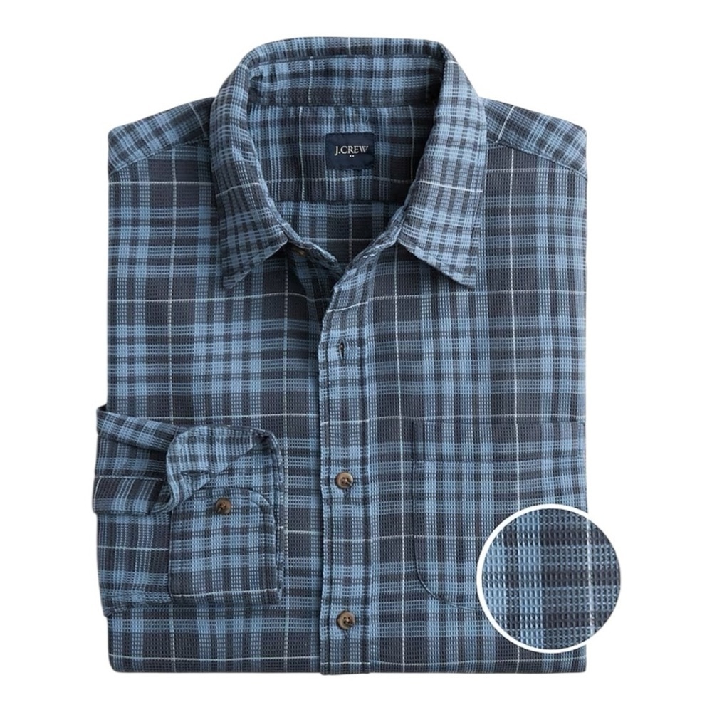 NWT! J. Crew Navy Blue Sky Plaid Waffle Dobby Shirt. Size Large.